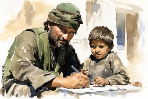 An Afghan man in traditional clothing assists a young boy with schoolwork, circa 2001.