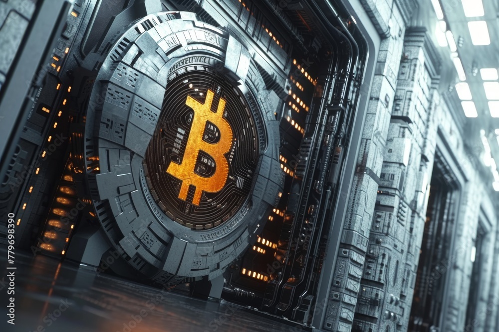 Futuristic Bitcoin Cryptocurrency Concept with a Glowing Symbol Inside a High-Tech Corridor.