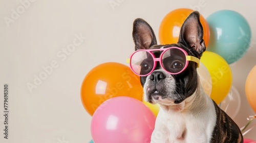 A French Bulldog wearing pink sunglasses sits in front of a background of multicolored balloons, with ample left side space for text. © Moopingz