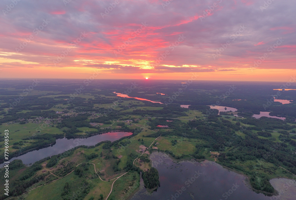 Fototapeta premium Beautiful Landscape and Sunset in Lithuania. Lakes and Forest in Background. Nature.