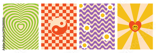 Groovy hippie checkerboard backgrounds collection with design elements, flowers in retro style. Psychedelic templates, heart tunnel, 2000s twisted poster. Vector