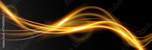 Light wave,shiny gold lines.Color glowing design element.Wavy bright stripes.Vector illustration.	

