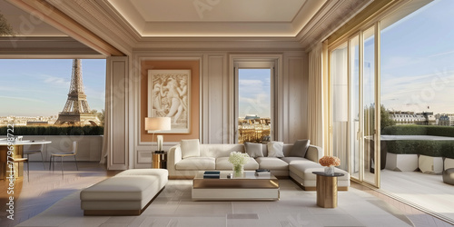 modern elegant interior of a luxury apartment in Paris, with moldings, parquet flooring and an impressive view of Le Bon Marché from large windows photo