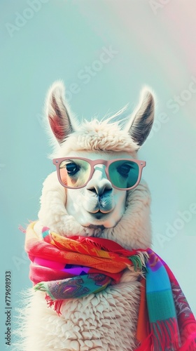 alpaca wearing pink glasses and wrapped in a scarf. vibrant blue color background © zayatssv