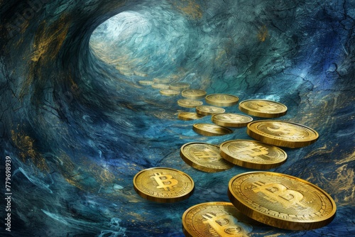 Abstract Concept of Bitcoin Cryptocurrency with Coins on a Path in a Fantasy Tunnel.