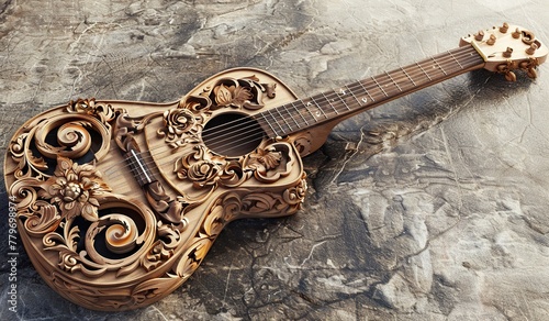 Ornate wooden guitar with intricate carvings on textured surface