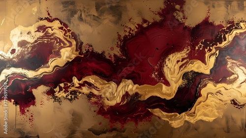 Liquid gold and deep burgundy collide, forming a luxurious and sophisticated abstract masterpiece that emanates opulence.