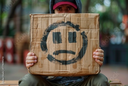 An individual holding a cardboard sign with a smiley face drawing, inconspicuously with a blurred face for anonymity photo