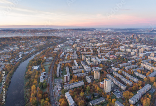 Zirmunai District in Vilnius City, Lithuania. Autumn Leaves Color. Morning Golden Hour Light.