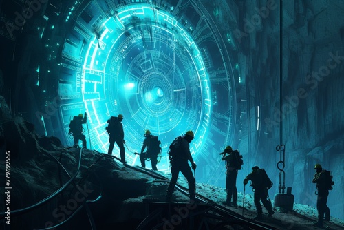 Futuristic Explorers Discovering an Ancient Alien Portal, Illustrating the Concept of Science Fiction Adventure.