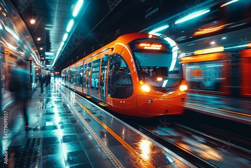 An orange and silver metro train arriving at a well-lit underground station during nighttime