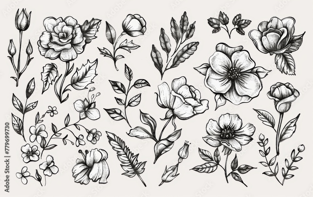 Hand drawn floral elements with sketchy style Hand drawn floral elements with sketchy style