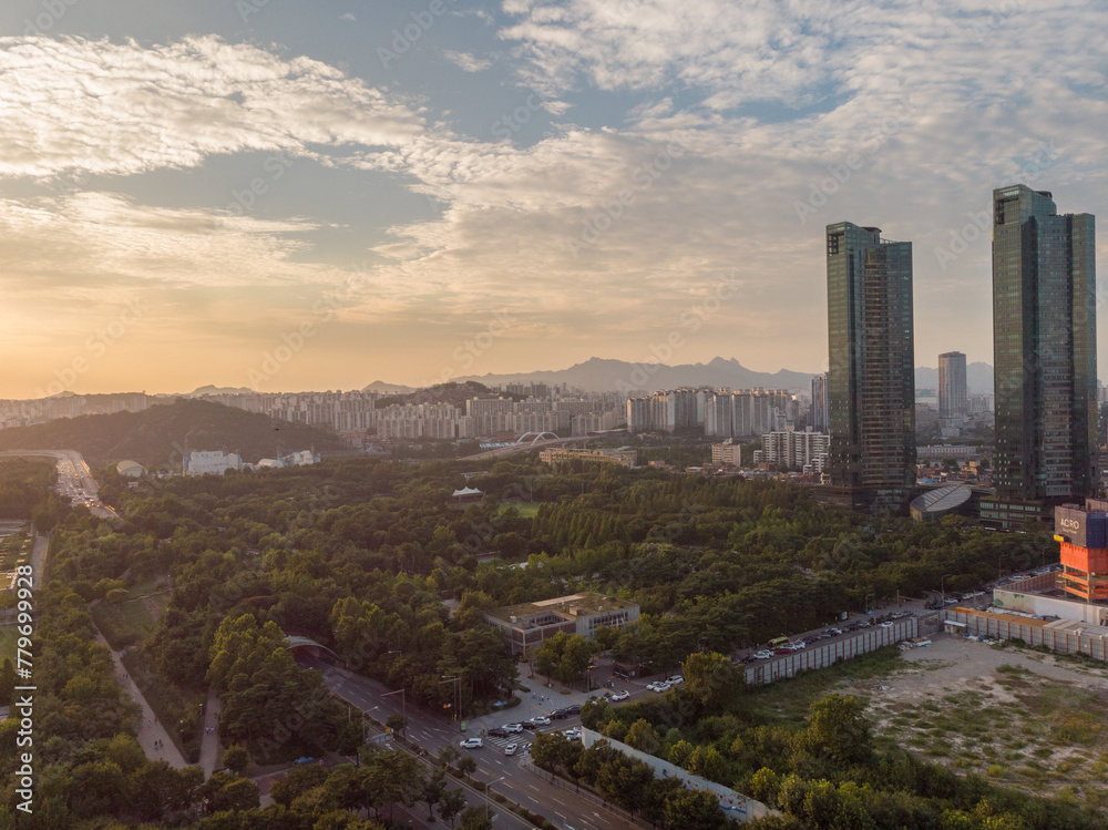 Sunset in Seoul. Aerial Cityscape. South Korea. Skyline of City. Seongdong District