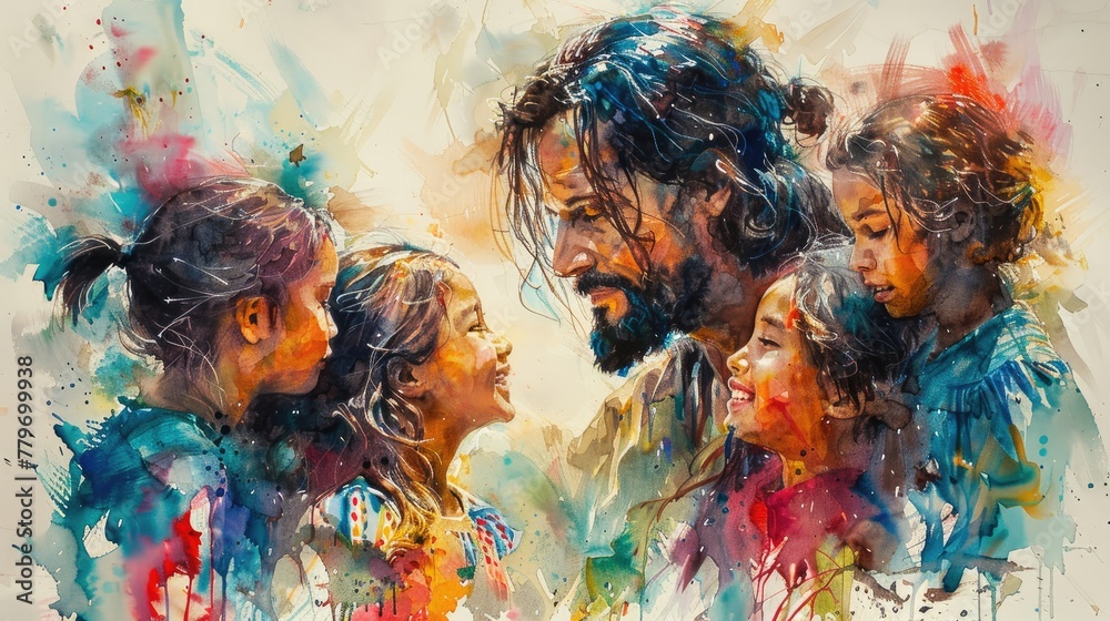 tender watercolor depiction of Jesus Christ blessing the children, his expression radiating kindness and love for all.