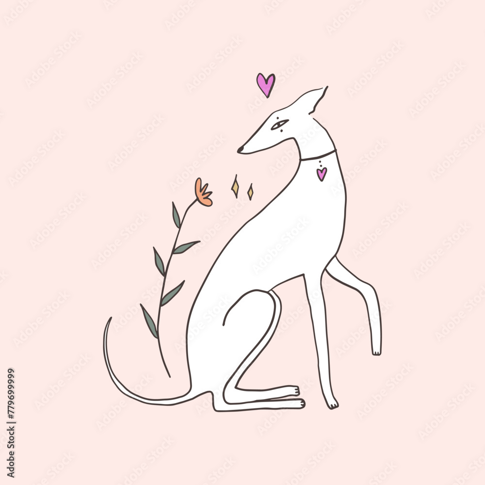 Naklejka premium Cute whippet lovely greyhound silhouette on background. Vector Illustration of cute boho dog, adorable pet with flower. Groovy doodle carton abstract art