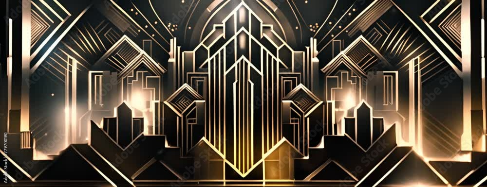 Abstract art deco. Great Gatsby 1920s geometric architecture background. Retro vintage black, gold, and silver roaring 20s texture 4K Video