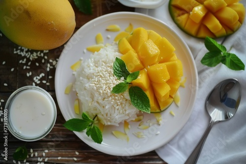 Mango sticky rice on wood table with coconut milk and sesame seeds