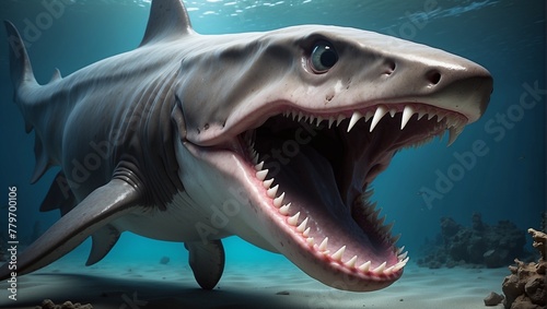 A large gray shark with sharp teeth patrols the blue ocean depths Generative AI photo