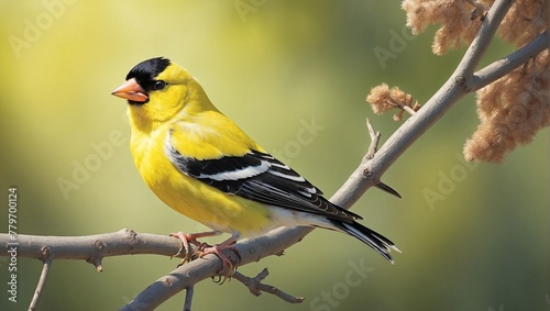 A small yellow bird, a yellow wagtail, perches on a branch Generative AI photo