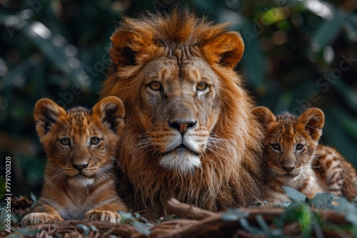 A close shot capturing the intense gaze of a lion accompanied by his endearing cubs, emanating noble familial bonds © Larisa AI