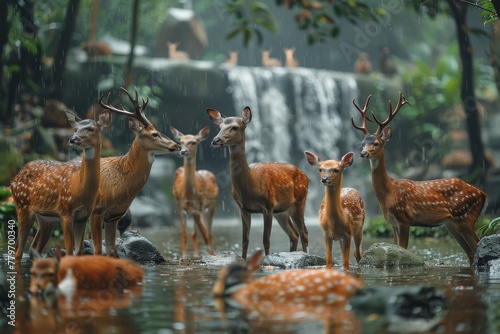 A group of deer standing serenely in the rain, among nature's splendor, with a waterfall backdrop