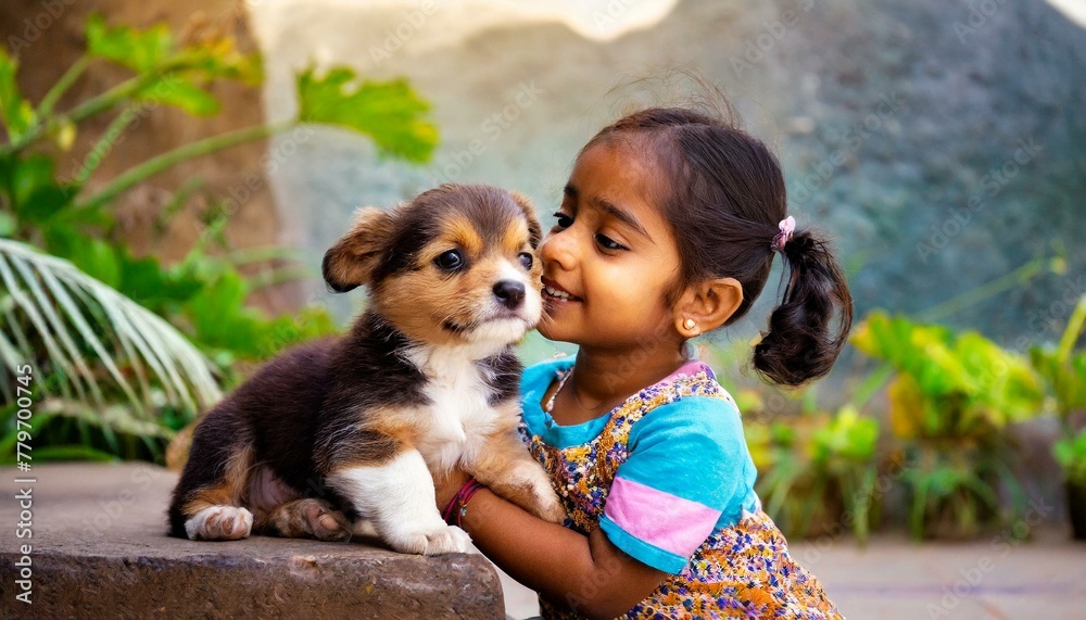 An indian girl playing with a puppy. An indian girl playing with a puppy.