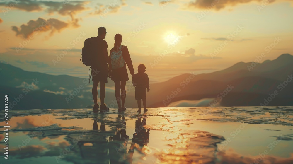 A family of three, a man, a woman and a child, are standing on a beach at sunset