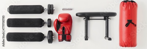gym weights and training fitness equipment, workout body building, healthy lifestyle, bumbbells, treadmill and boxing gloves, punch bag set icons isolated on white background photo