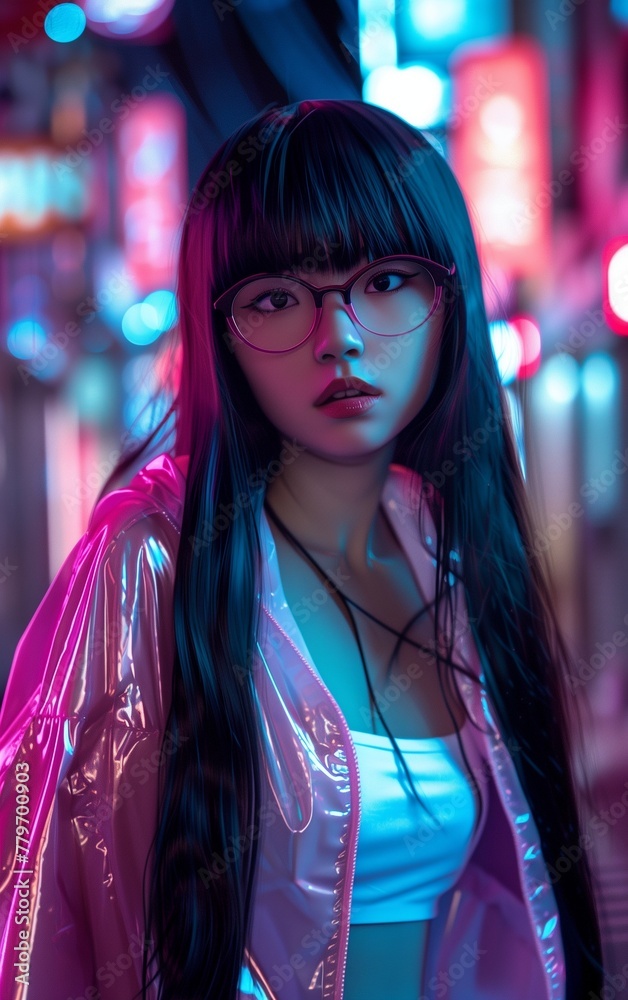 photo of an extremely beautiful Asian woman with long black hair and bangs, wearing futuristic neon glasses and a white top and pink iridescent jacket, posing in front of a cyberpunk nightclub photo of an extremely beautiful Asian woman with long black hair and bangs, wearing futuristic neon glasses and a white top and pink iridescent jacket, posing in front of a cyberpunk nightclub