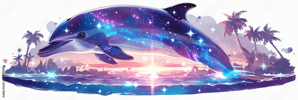 Joyful dolphin amidst a sea of stars, watercolor clipart, cosmic swim, isolated on white Joyful dolphin amidst a sea of stars, watercolor clipart, cosmic swim, isolated on white