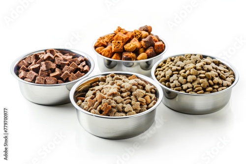 Pet food in metal bowls on white background