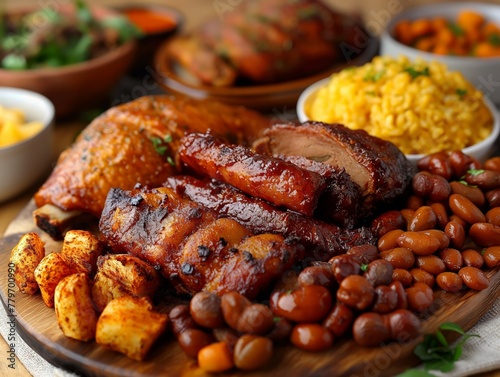 A large platter of food with a variety of meats and beans. Scene is inviting and delicious