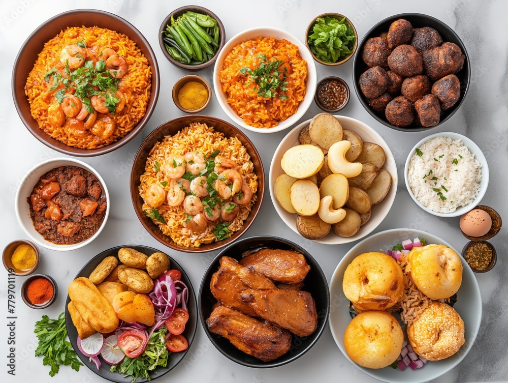A table full of food with a variety of dishes including potatoes, shrimp, and meatballs. The table is set for a large gathering or party