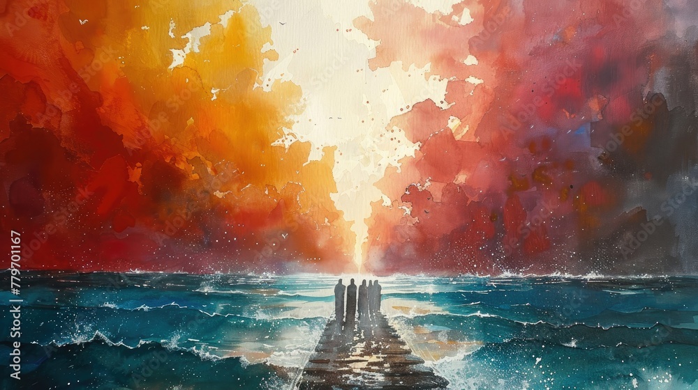 A transformative watercolor rendition of Jesus Christ's second coming, his return to Earth bringing judgment and renewal. - obrazy, fototapety, plakaty 