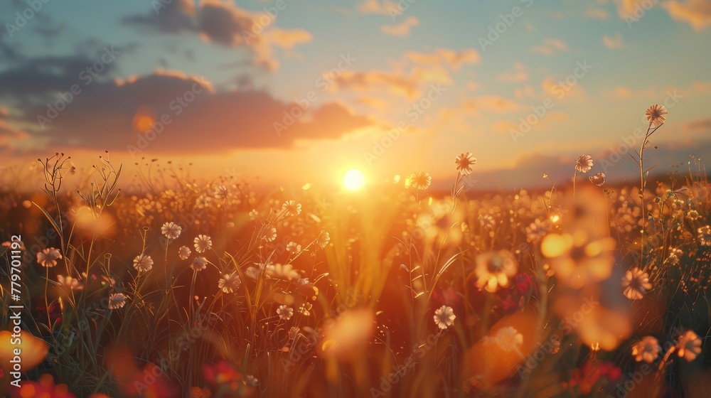 A field of flowers with a bright sun in the background. The sun is shining on the flowers, making them look even more beautiful. The scene is peaceful and serene, with the sun