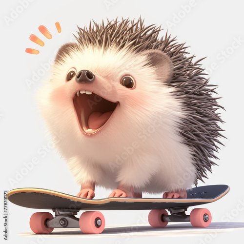 A 3D illustration of an exuberant hedgehog enjoying a ride on a skateboard, with a playful expression and dynamic pose. © NEW