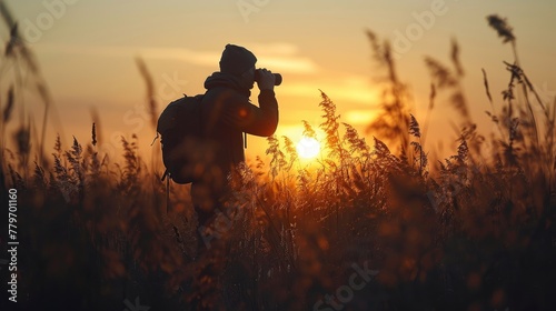A man is taking a picture of the sun with a camera. The sun is setting and the sky is orange. The man is wearing a backpack and is standing in a field of tall grass