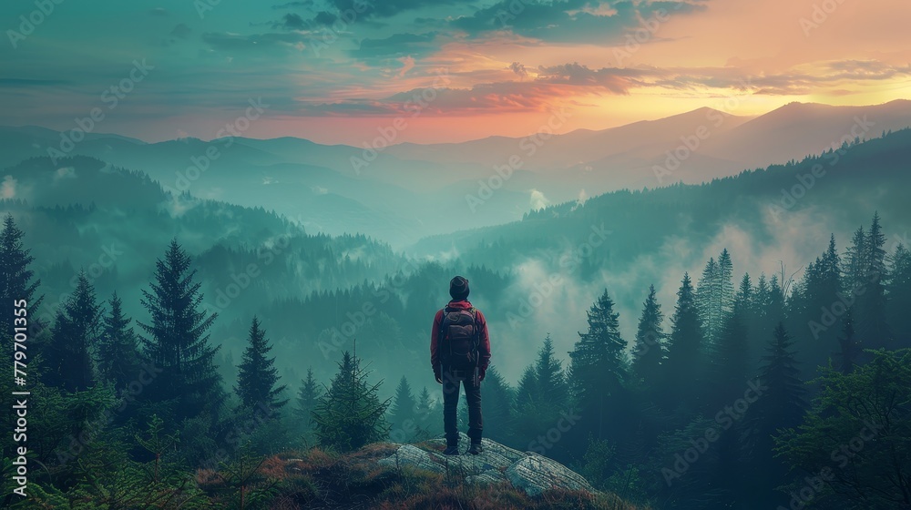 A man stands on a mountain top, looking out over a forest. The sky is a mix of blue and orange, creating a serene and peaceful atmosphere. The man is wearing a red backpack