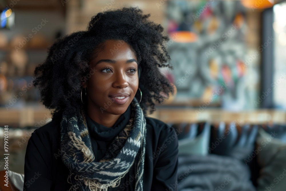 Pensive woman with scarf in a vibrant cafe setting. generative ai