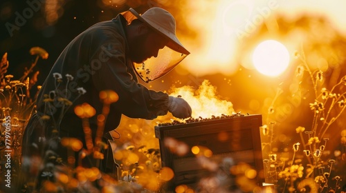 A man in a beekeeper's suit is tending to a hive. The sun is setting, casting a warm glow over the scene