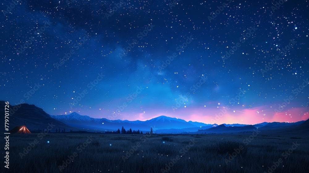 A beautiful night sky with a few stars and a mountain in the background. The sky is dark blue and the stars are scattered throughout