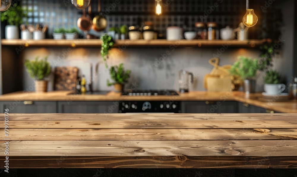 Wooden table top on blur kitchen room background,Modern Contemporary kitchen room interior Wooden table top on blur kitchen room background,Modern Contemporary kitchen room interior