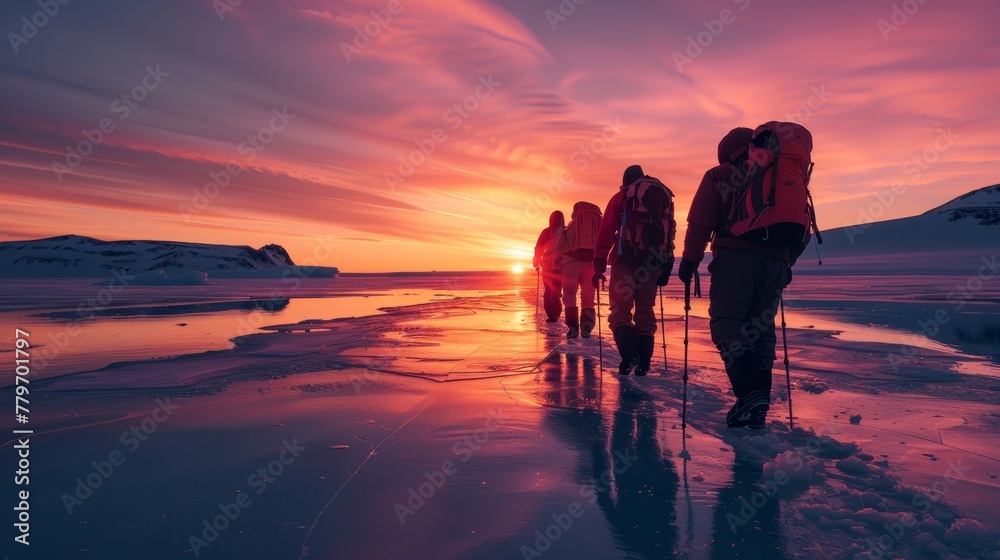 A group of people are walking on a frozen lake at sunset. The sky is orange and pink, creating a warm and peaceful atmosphere. The group is wearing backpacks
