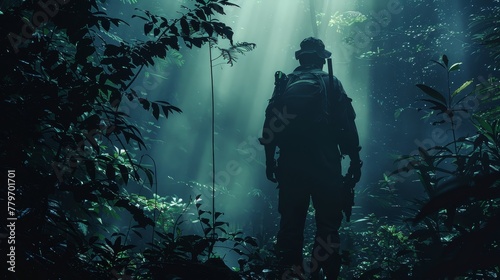 A man in a military uniform stands in a forest with trees and bushes. The image has a dark and mysterious mood, with the man's silhouette against the trees and the shadows cast by the sunlight © Rattanathip