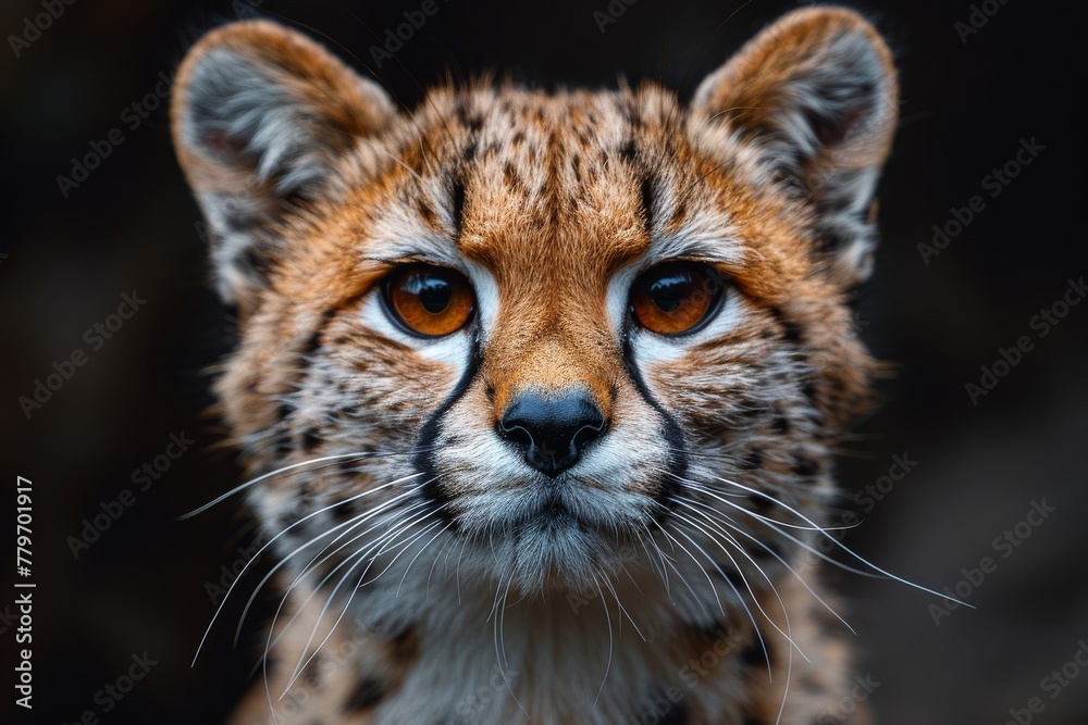 Image shows the upper part of a tiger's head with a focus on ears and fur details, set against a dark background Image shows the upper part of a tiger's head with a focus on ears and fur details, set against a dark background