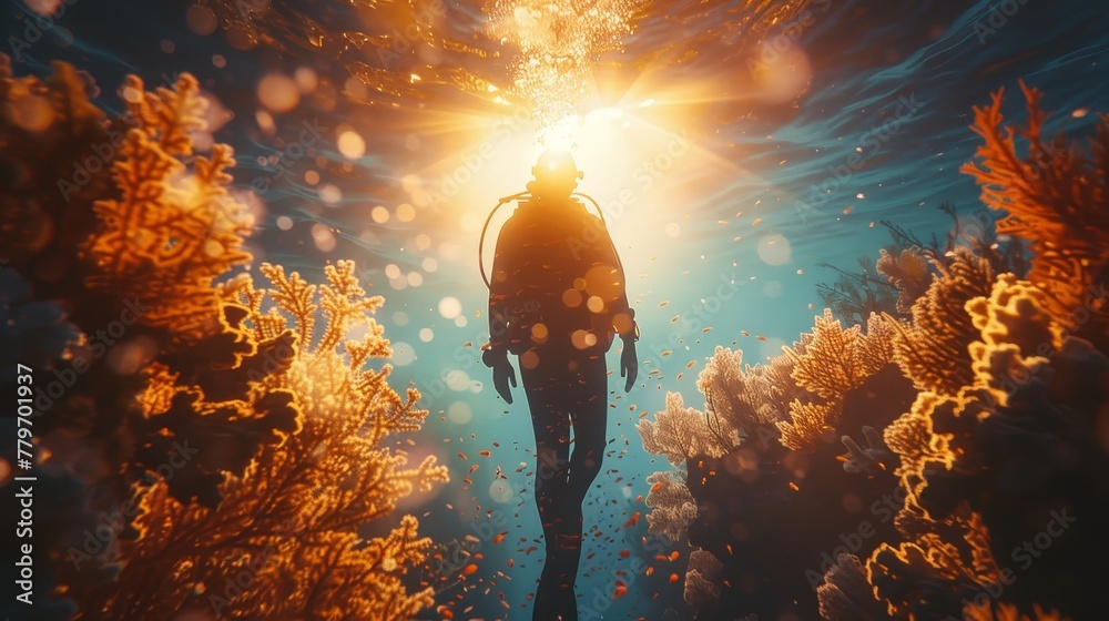 A man is swimming in the ocean with a scuba diving suit. The water is clear and the sun is shining brightly - obrazy, fototapety, plakaty 