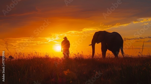 A man and an elephant are standing in a field at sunset. The man is wearing a hat and the elephant is looking to the right. The scene is peaceful and serene, with the sun setting in the background