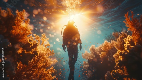 A man is swimming in the ocean with a scuba diving suit. The water is clear and the sun is shining brightly