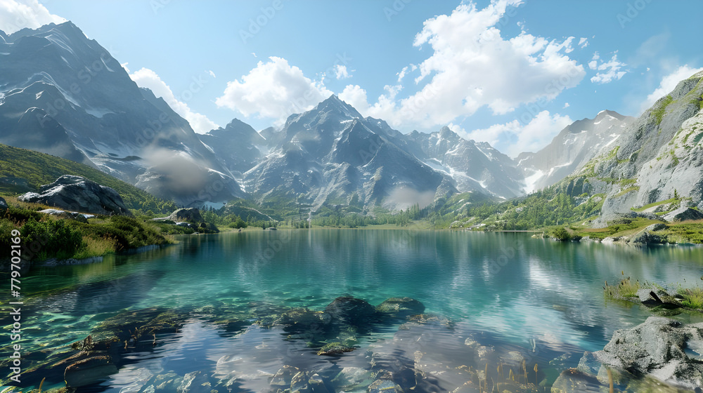 Crystal-clear lakes embraced by towering peaks - Ai generated