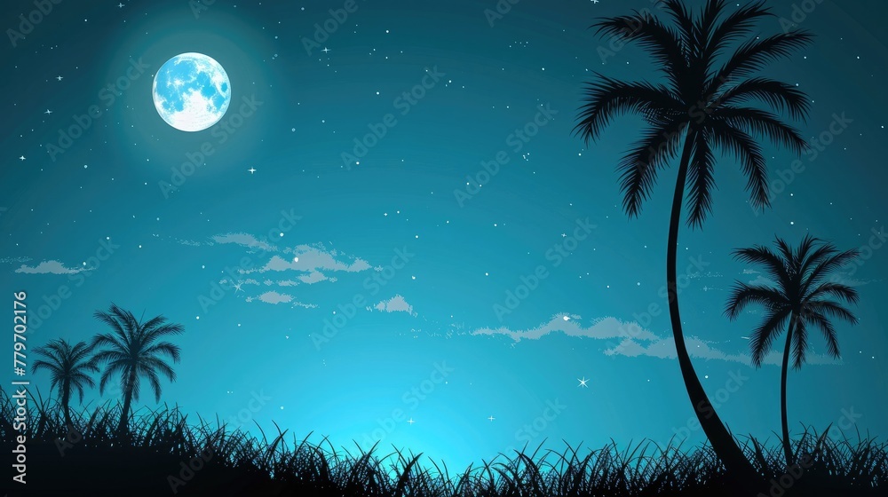 Idyllic Moonlit Tropical Landscape with Silhouetted Palm Trees on Horizon